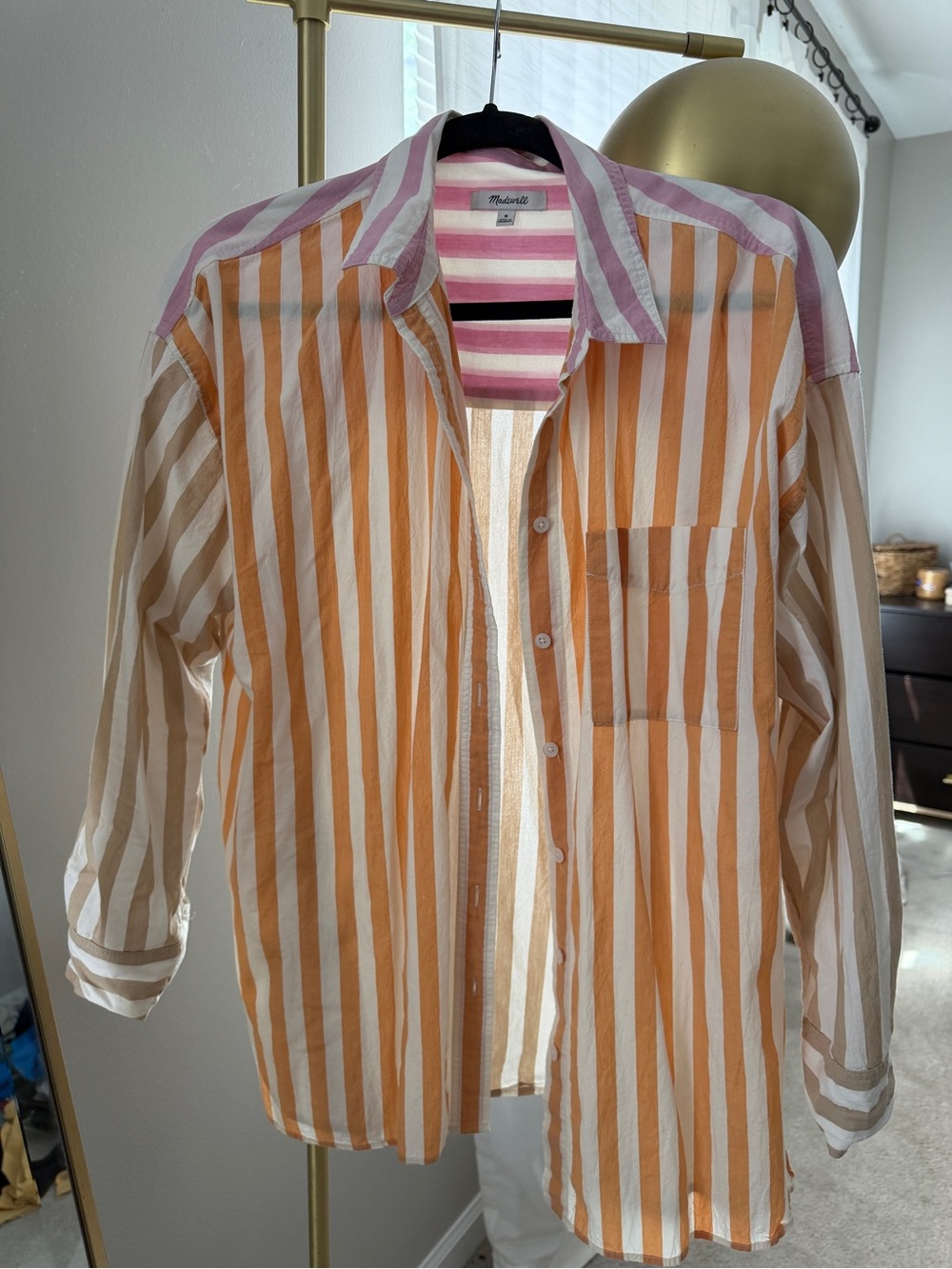 Madewell Orange & White Striped Button-Down with Pink-Trim Collar